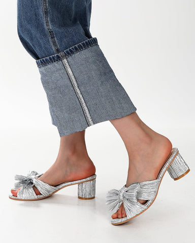 (Clean Up) Silver Pleated Bow Open Toe Chunky Block Heel Sandals