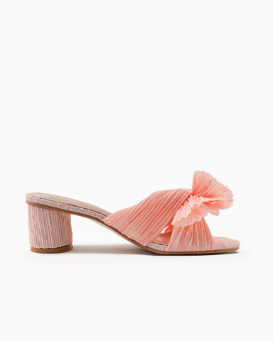 (Clean Up - US 7) Pink Pleated Bow Open Toe Chunky Block Heel Sandals
