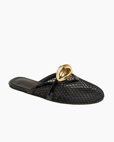 Mesh Round-Toe Buckle-Accent Mule Flats