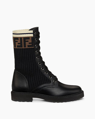 Women's Black Leather & Knit Combat Boots