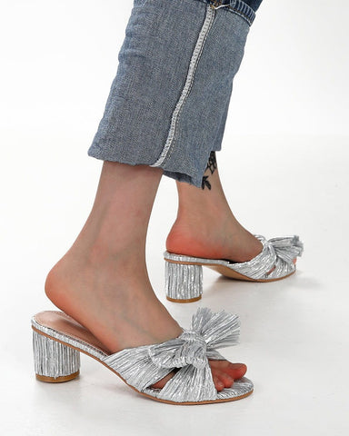 (Clean Up) Silver Pleated Bow Open Toe Chunky Block Heel Sandals