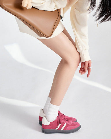 PaleVioletred and White Suede Leather Flat Sneakers