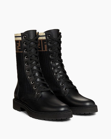 Women's Black Leather & Knit Combat Boots