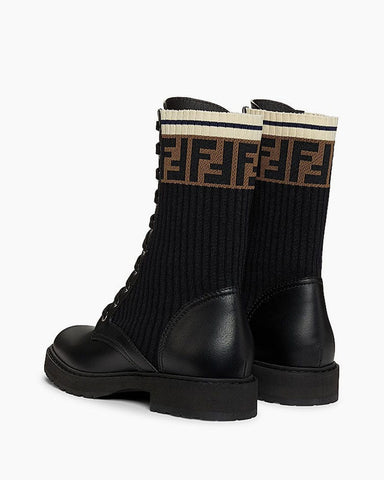 Women's Black Leather & Knit Combat Boots