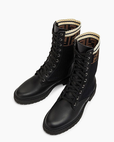 Women's Black Leather & Knit Combat Boots