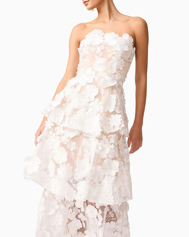 Women’s White Strapless 3D Floral Embroidered Tiered Maxi Dress