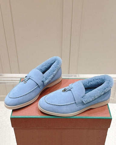 Suede and Shearling Fur Charms Walk Loafers