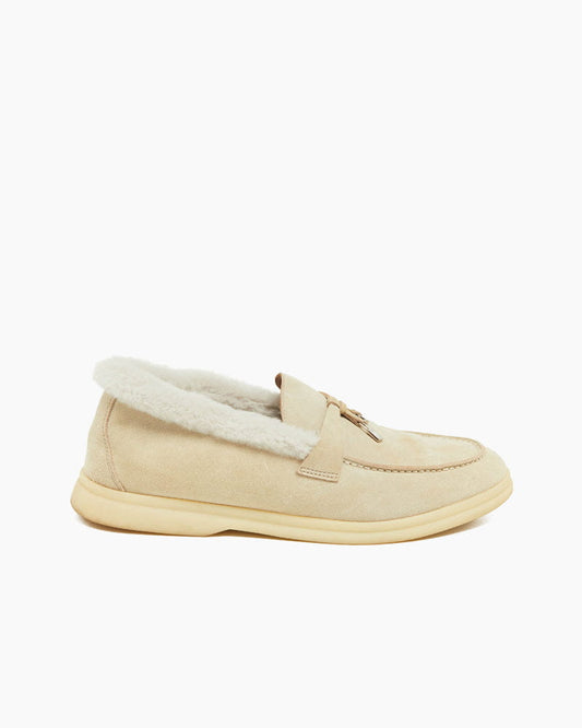 Suede and Shearling Fur Charms Walk Loafers