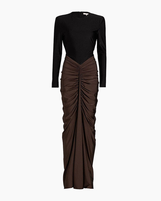 (Pre-sale) Women's Black Ruched Colorblocked Gown Dress