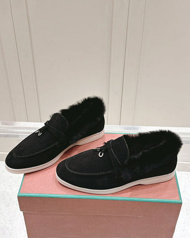 Suede and Shearling Fur Charms Walk Loafers