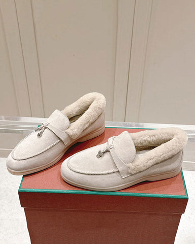 Suede and Shearling Fur Charms Walk Loafers