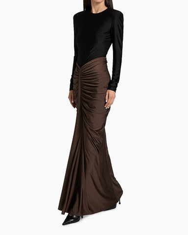 (Pre-sale) Women's Black Ruched Colorblocked Gown Dress