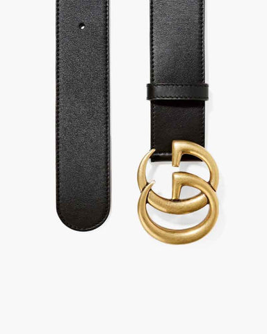 Women's Black Smooth Leather Belt with Brass Double G Buckle