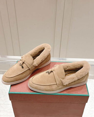 Suede and Shearling Fur Charms Walk Loafers
