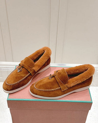 Suede and Shearling Fur Charms Walk Loafers