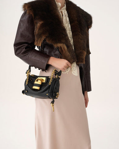Small Grained Leather Bag Oversized Padlock