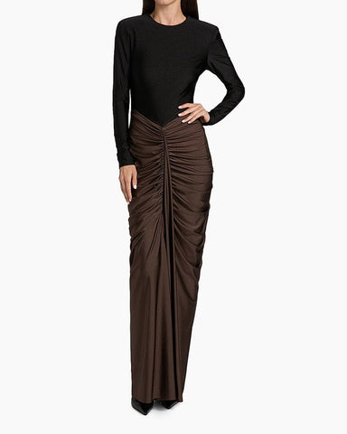 (Pre-sale) Women's Black Ruched Colorblocked Gown Dress