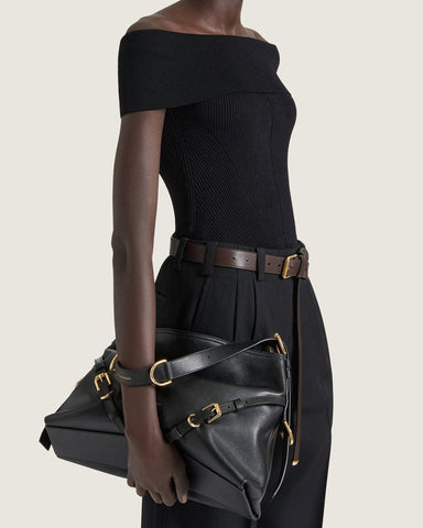 Shiny Calfskin V Hobo Bag Adjustable Strap Gold Hardware