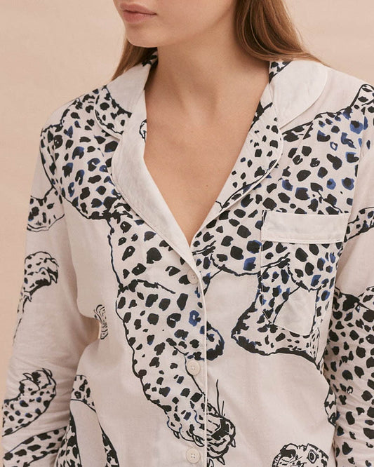 Cotton Long Pyjama Set in Illustrated Leopard Print