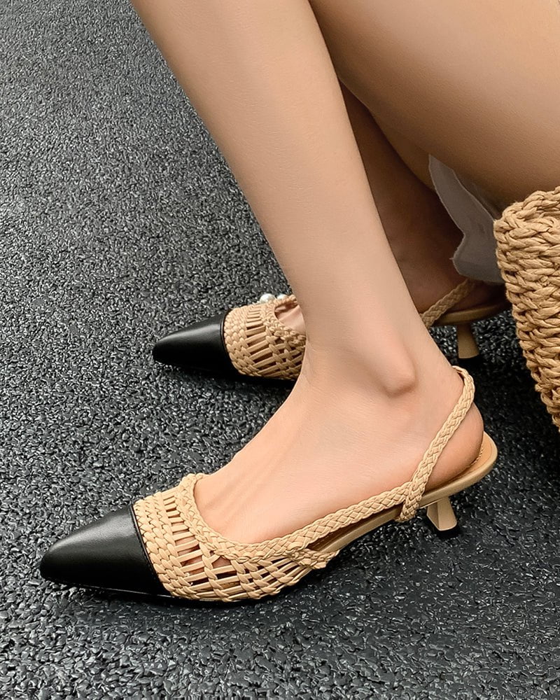 Woven Rattan Mesh Design Slingback Kitten Heel Sandals Apricot / US 8 Woven Rattan Mesh Design Slingback Kitten Heel Sandals Apricot / US 8