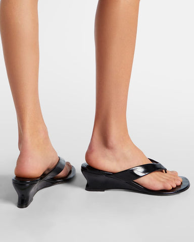 Glossy Leather Micro Wedge Thong Sandals