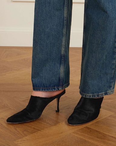 (Pre-sale)Black Calf Hair Pointed Toe Mules