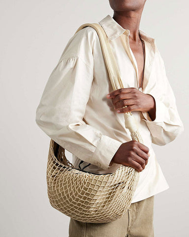 Beige Fishnet Croissant Shoulder Bag with Leather Trim for Luxe Seaside Escapes