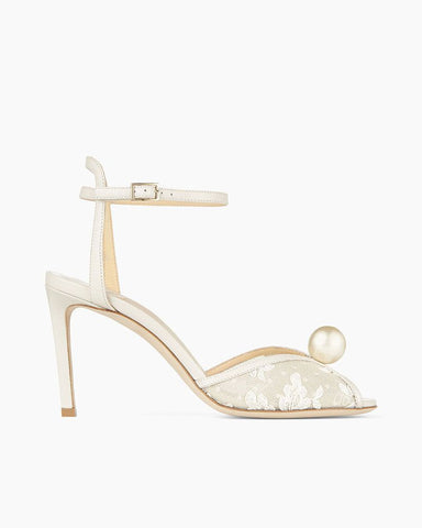 Ivory Floral Lace Sandal Heels with Pearl Detail