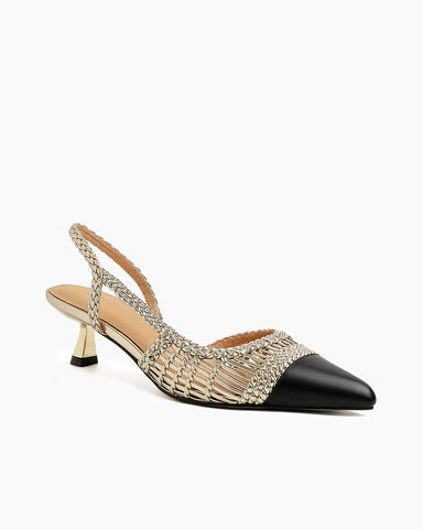 Woven Rattan Mesh Design Slingback Kitten Heel Sandals