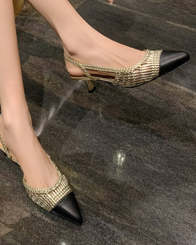 Woven Rattan Mesh Design Slingback Kitten Heel Sandals Apricot / US 8 Woven Rattan Mesh Design Slingback Kitten Heel Sandals Apricot / US 8