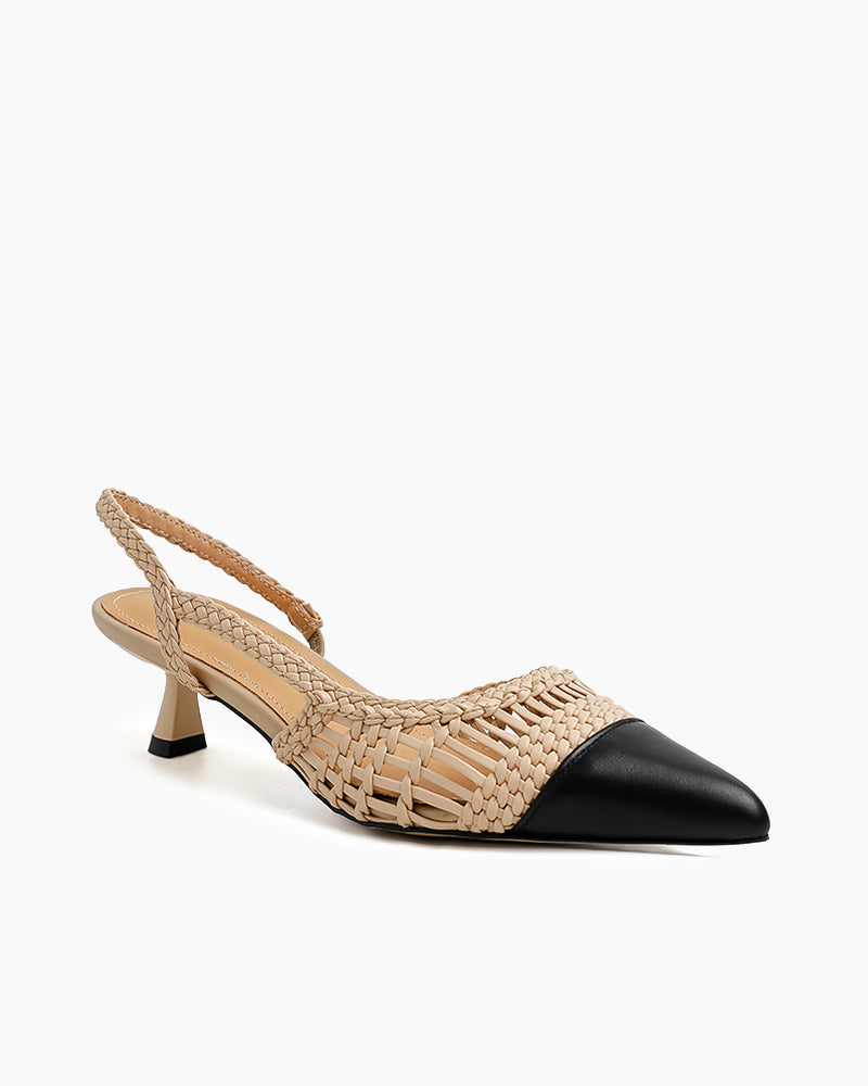 Woven Rattan Mesh Design Slingback Kitten Heel Sandals