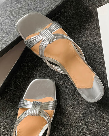 Metallic Design Chunky Heel Slip-On Sandals