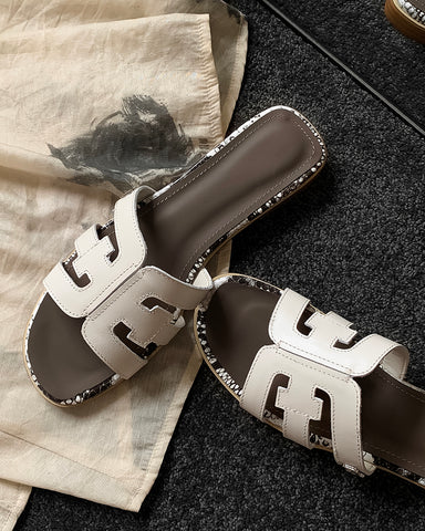 Cutout Strap Leather Flat  Slip-On Slide Sandals