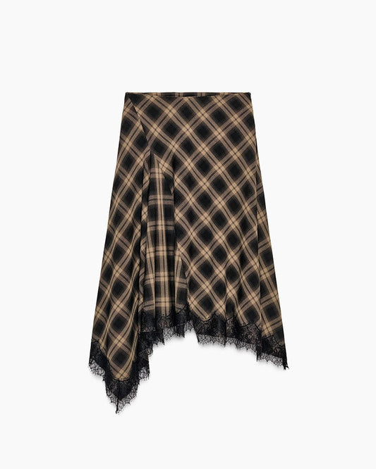 Checked Asymmetric Midi Skirt with Lace Detail for Elegant Office Styling