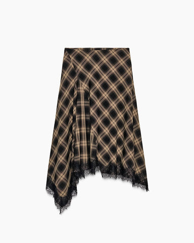 Checked Asymmetric Midi Skirt with Lace Detail for Elegant Office Styling