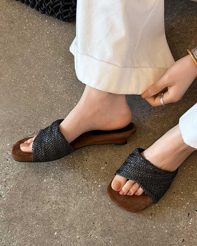 Cross-Strap Woven Open-Toe Slide Sandals