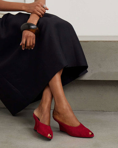 (Pre-sale)Black Velvet Peep-Toe Wedge Mules