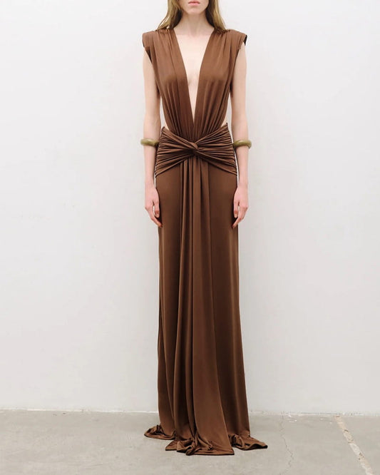 Ruched Plunge Neckline Draped Maxi Gown