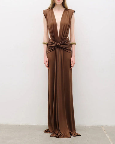 Ruched Plunge Neckline Draped Maxi Gown