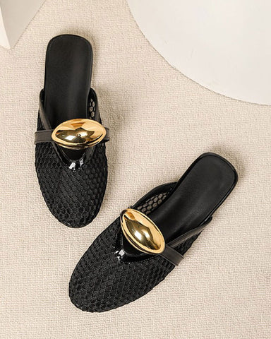 Mesh Round-Toe Buckle-Accent Mule Flats