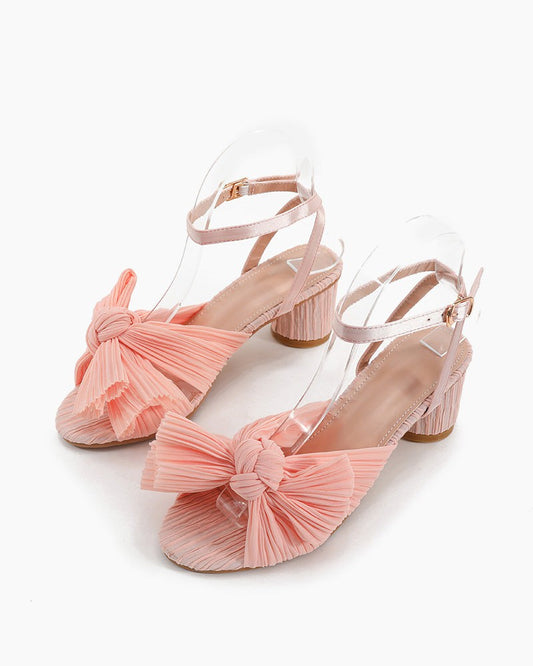 Pleated Bow Open Toe Chunky Block Slingback Heel Sandals