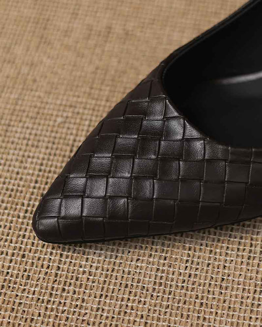 Refined Woven-Pattern Pointed-Toe Mid-Heel Pumps