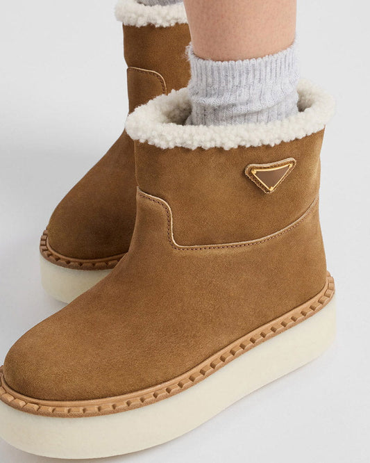 Camel Suede & Shearling Platform Booties for Luxurious Après-Ski Lounging