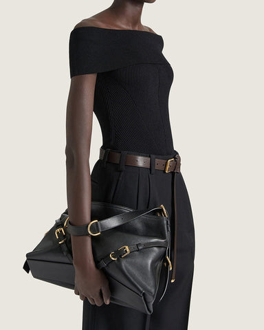 Slouchy Black Shoulder Handbag with Buckle Straps