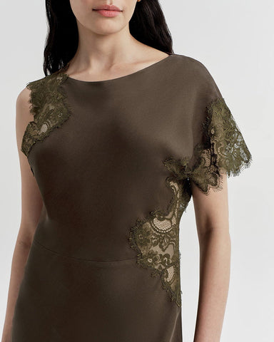 Asymmetrical Lace-Panel Evening Maxi Dress