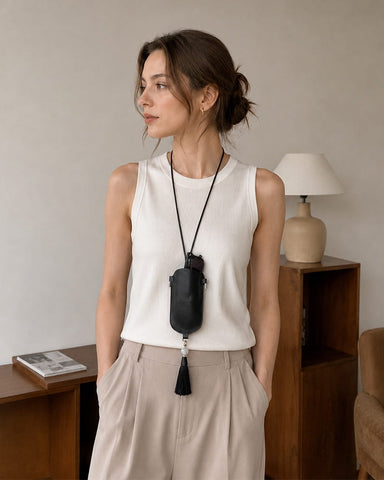 Leather Eyeglass Case Necklace with Tassel Detail