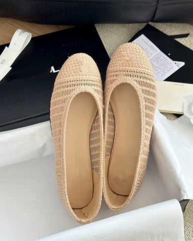 Women's Round-Toe Woven Raffia Open-Knit Ballet Flats