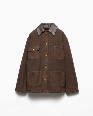 Brown Canvas Barn Jacket with Leather Collar for Chic Countryside Escapes