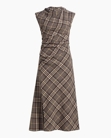 (Pre-sale) Plaid Asymmetric Cowlneck Midi Dress