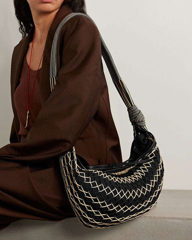 Beige Fishnet Croissant Shoulder Bag with Leather Trim for Luxe Seaside Escapes